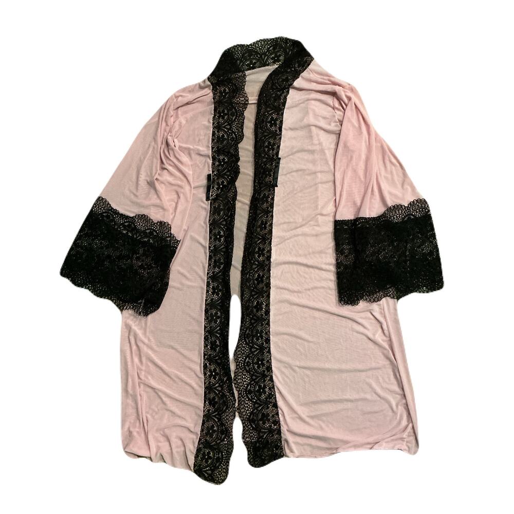 Blush Pink & Black Lace Kimono Cardigan Sheer Lightweight Boho Cover Up Romantic
